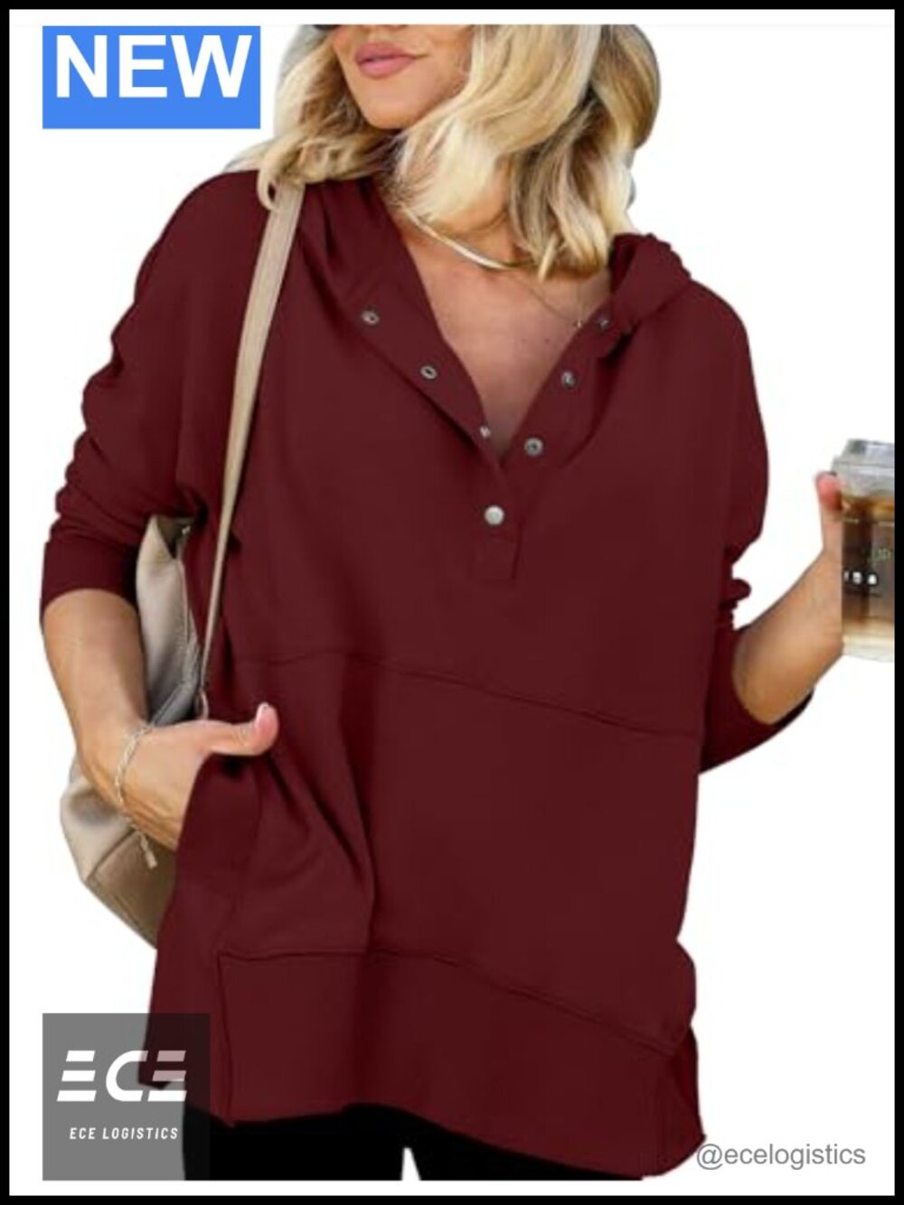 Womens Oversized Hoodie V Neck Button Down Pullover Sweatshirt